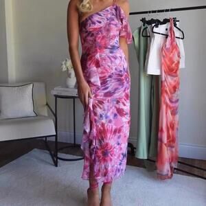 ZARA Pink Abstract One Shoulder Ruffle Midi Dress Womens XL Sheer Floral